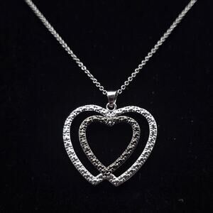 Black Silver Tone Diamond Chip Heart Necklace Pendant